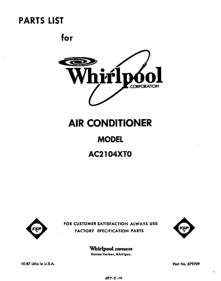 Whirlpool AC2104XT0 front cover diagram
