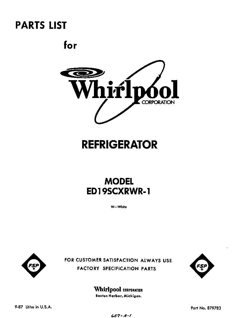 Whirlpool ED19SCXRWR1 front cover diagram