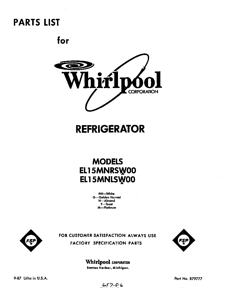 Whirlpool EL15MNRSW00 front cover diagram