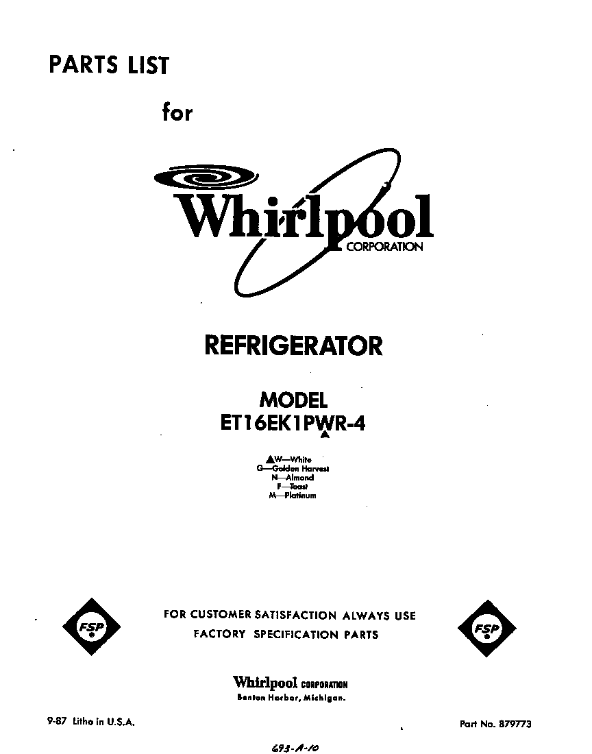 Whirlpool ET16EK1PWR4 front cover diagram