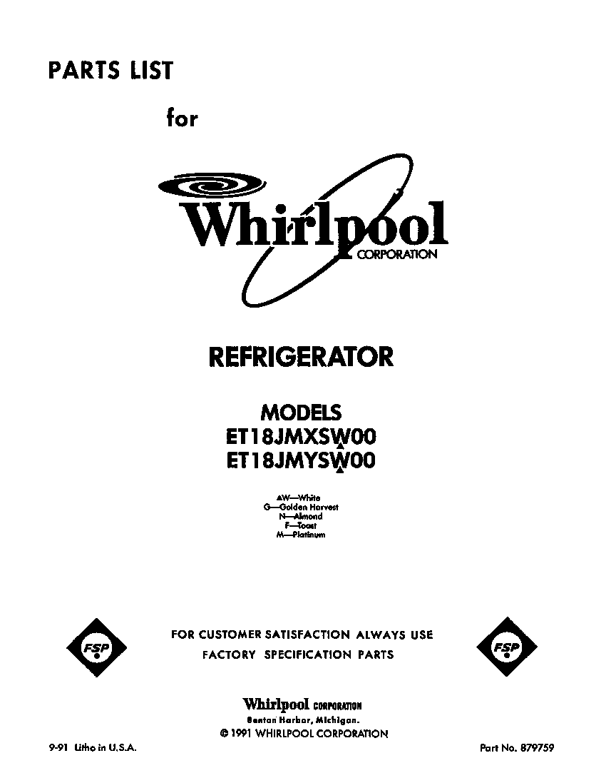 Whirlpool ET18JMXSW00 front cover diagram