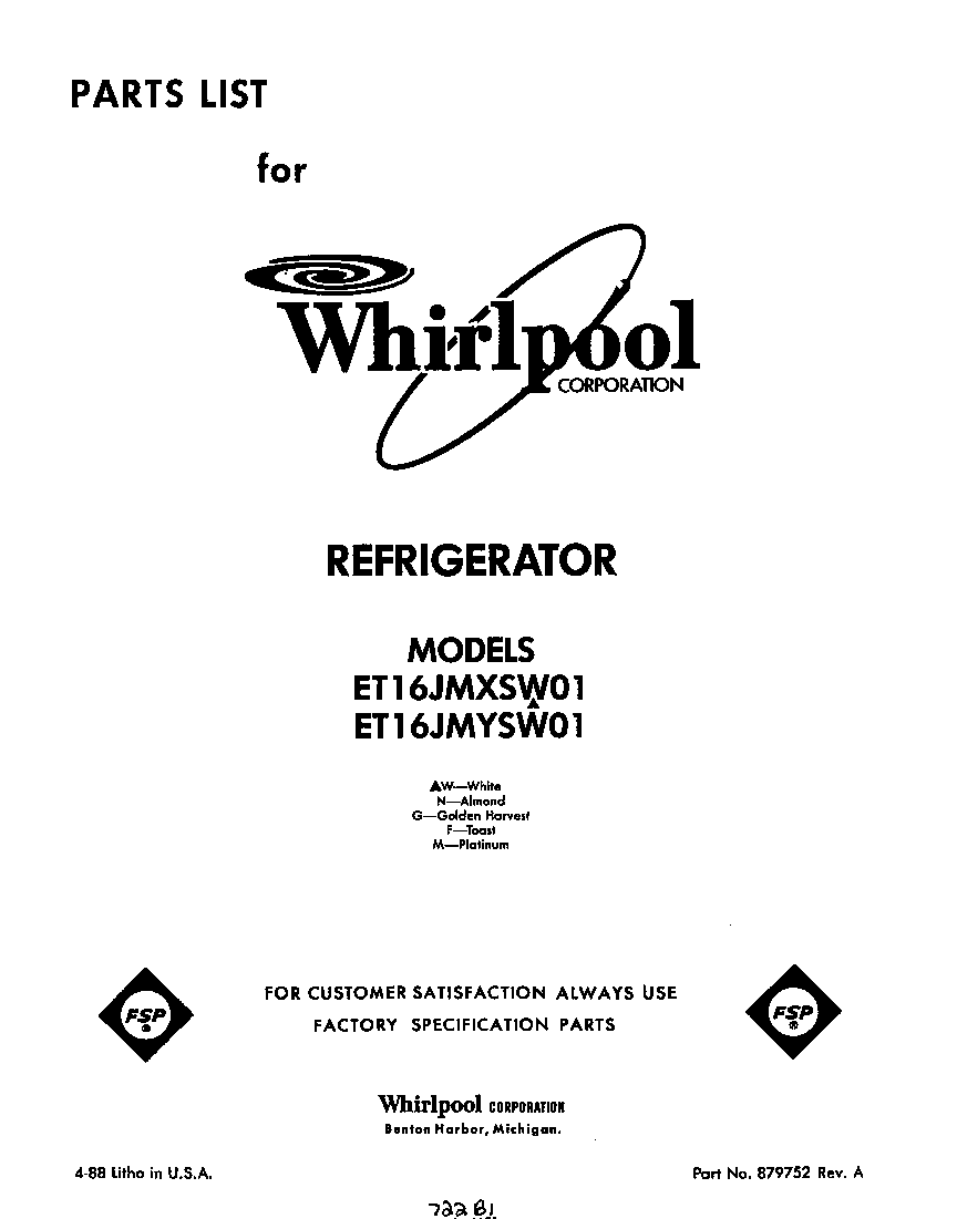 Whirlpool ET16JMXSW01 front cover diagram