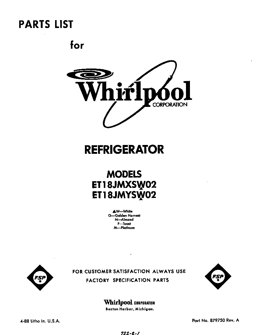 Whirlpool ET18JMXSW02 front cover diagram