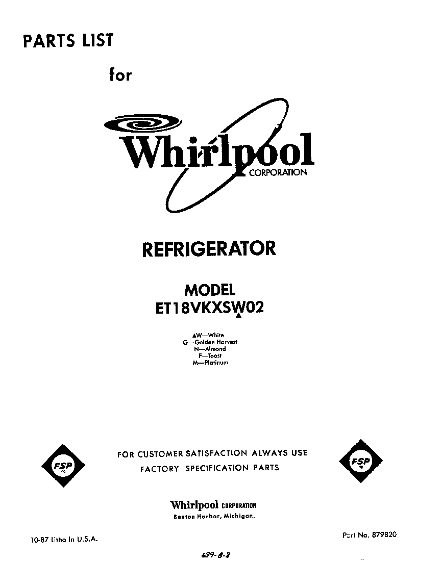 Whirlpool ET18VKXSW02 front cover diagram