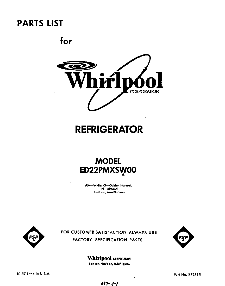 Whirlpool ED22PMXSW00 front cover diagram