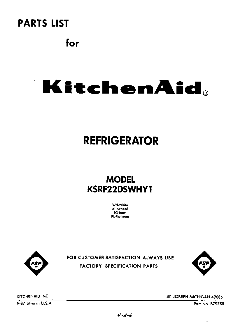 KitchenAid KSRF22DSWHY1 front cover diagram