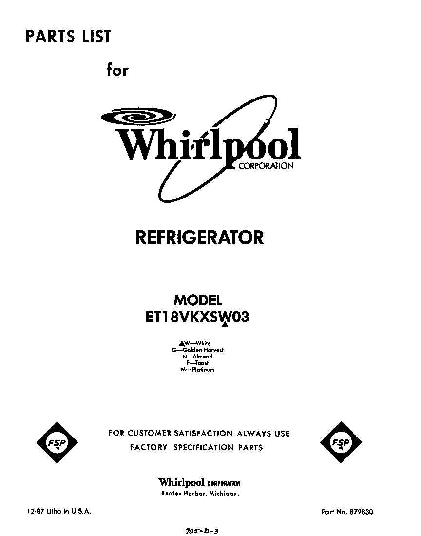Whirlpool ET18VKXSW03 front cover diagram