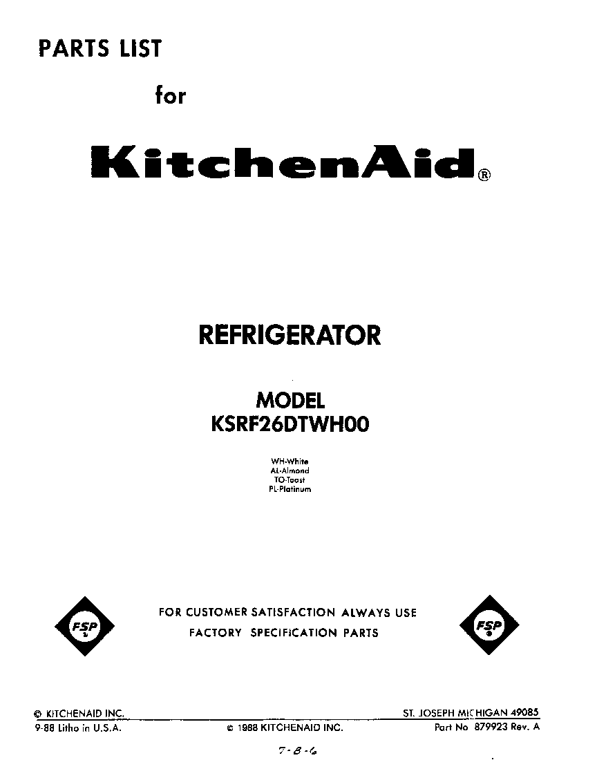 KitchenAid KSRF26DTWH00 front cover diagram
