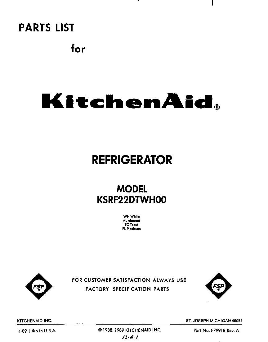 KitchenAid KSRF22DTWH00 front cover diagram