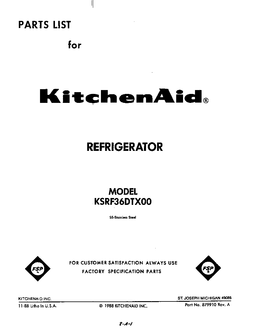 KitchenAid KSRF36DTX00 front cover diagram