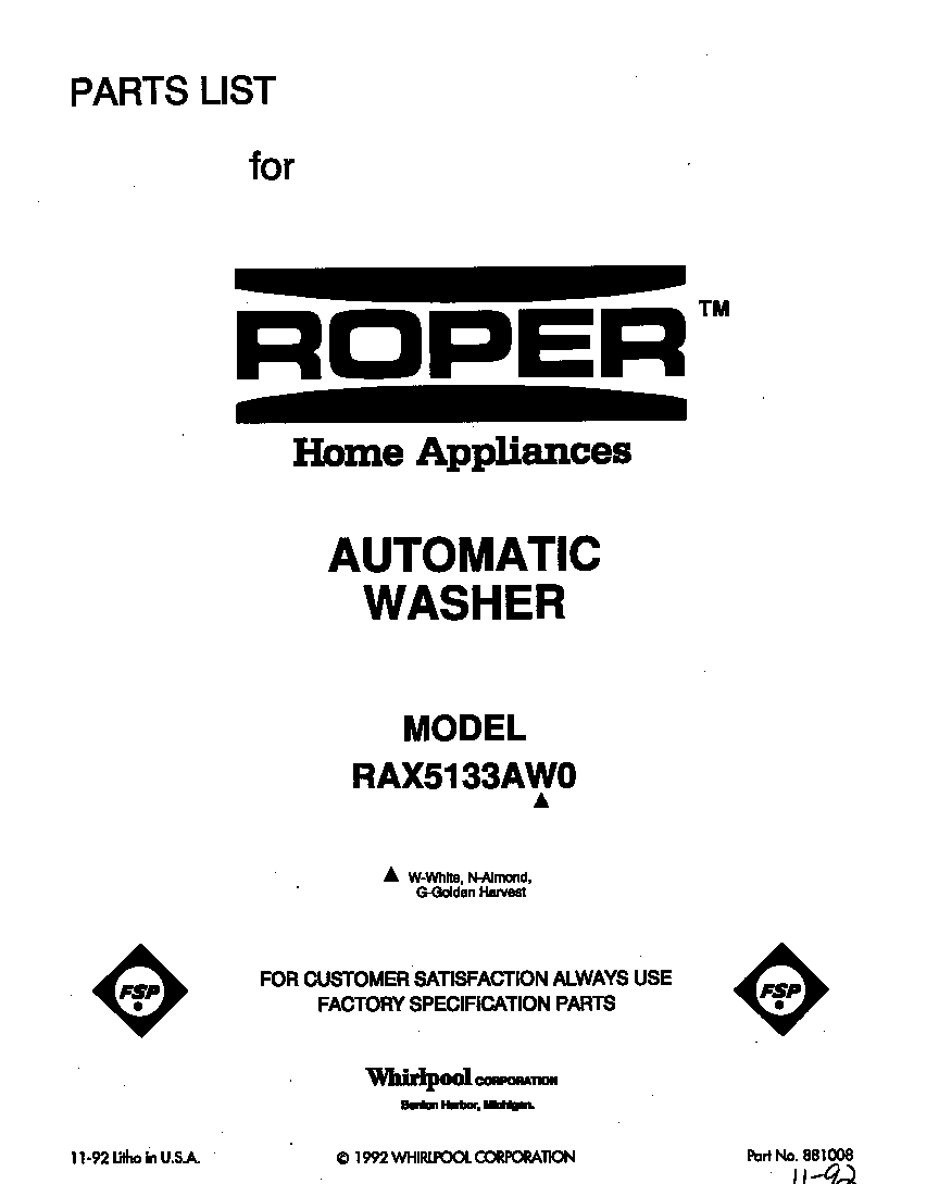 Roper RAX5133AW0 front cover diagram
