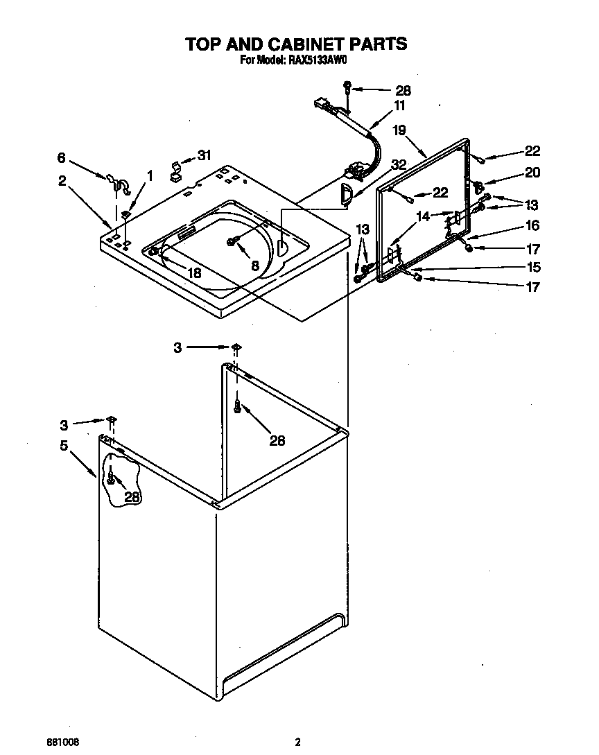 Roper RAX5133AW0 top and cabinet diagram