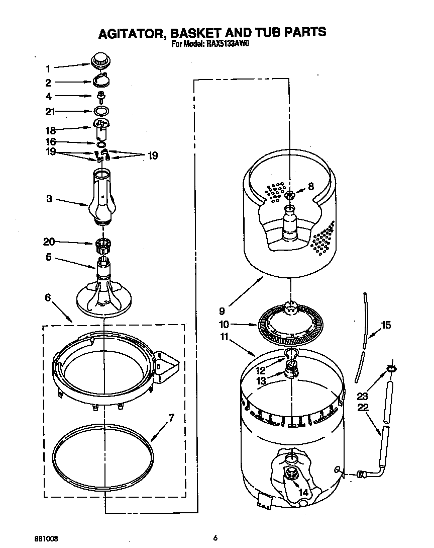 Roper RAX5133AW0 agitator, basket and tub diagram