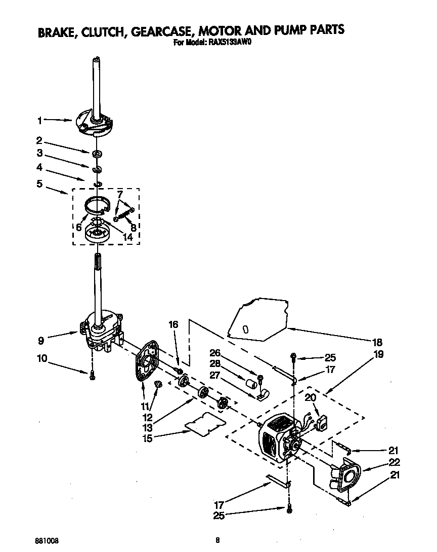 Roper RAX5133AW0 brake, clutch, gearcase, motor and pump diagram