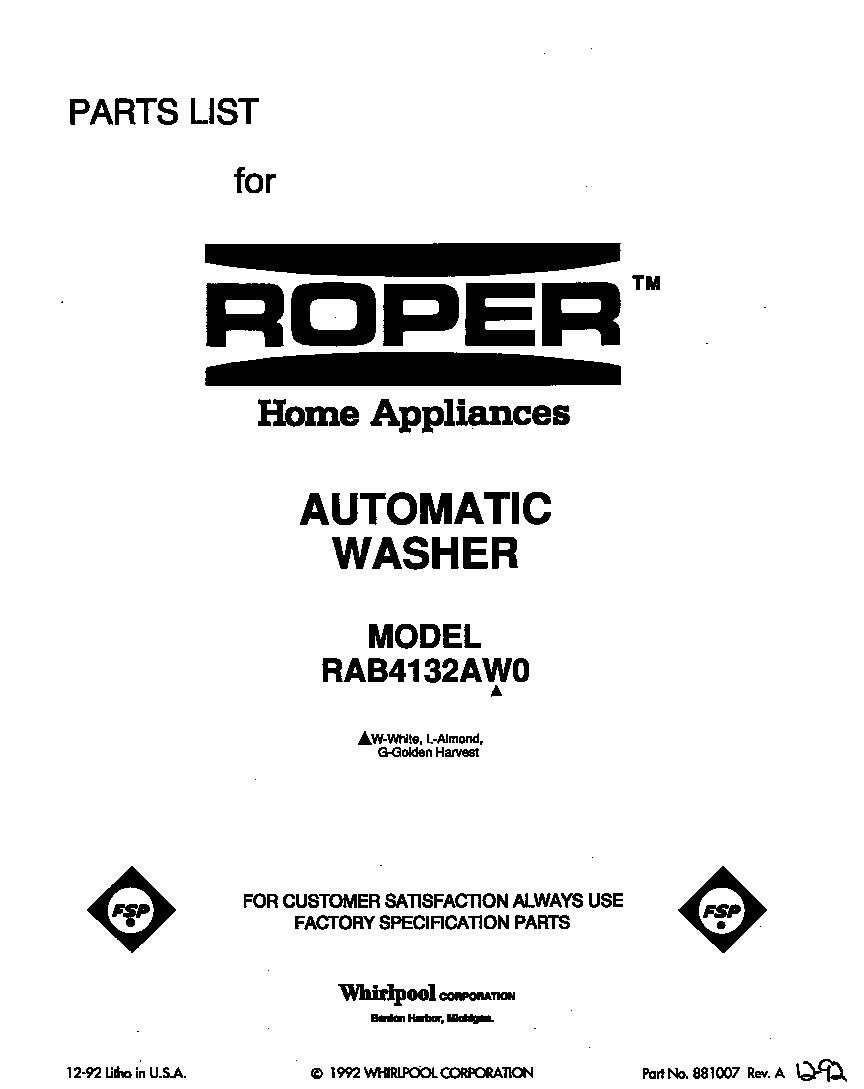 Roper RAB4132AW0 front cover diagram
