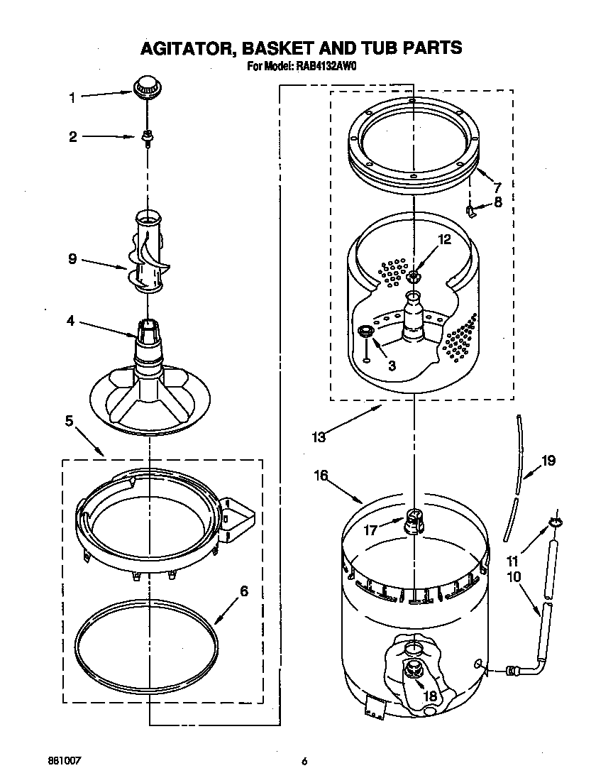 Roper RAB4132AW0 agitator, basket and tub diagram