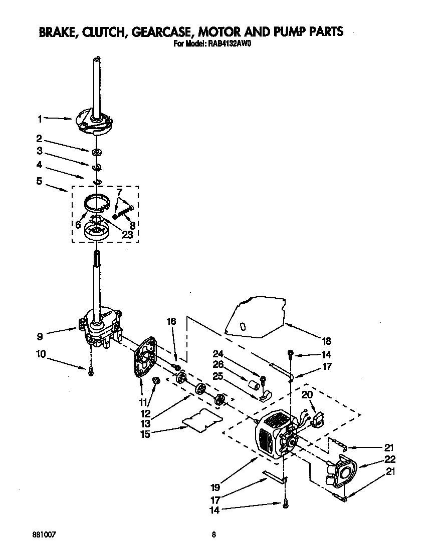 Roper RAB4132AW0 brake, clutch, gearcase, motor and pump diagram