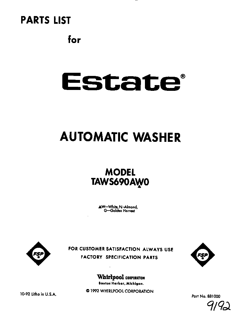 Estate TAWS690AW0 front cover diagram