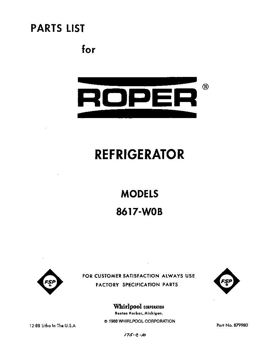 Roper 8617W0B front cover diagram