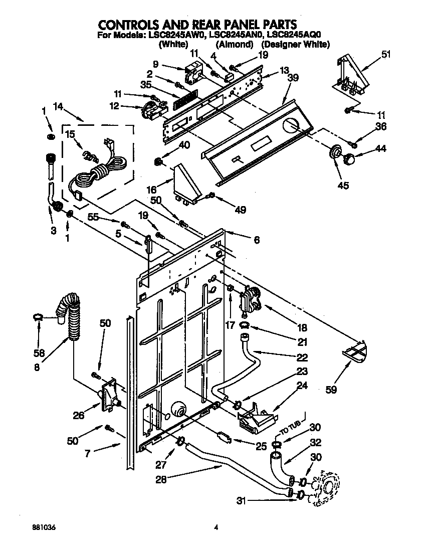 Whirlpool LSC8245AW0 controls and rear panel diagram