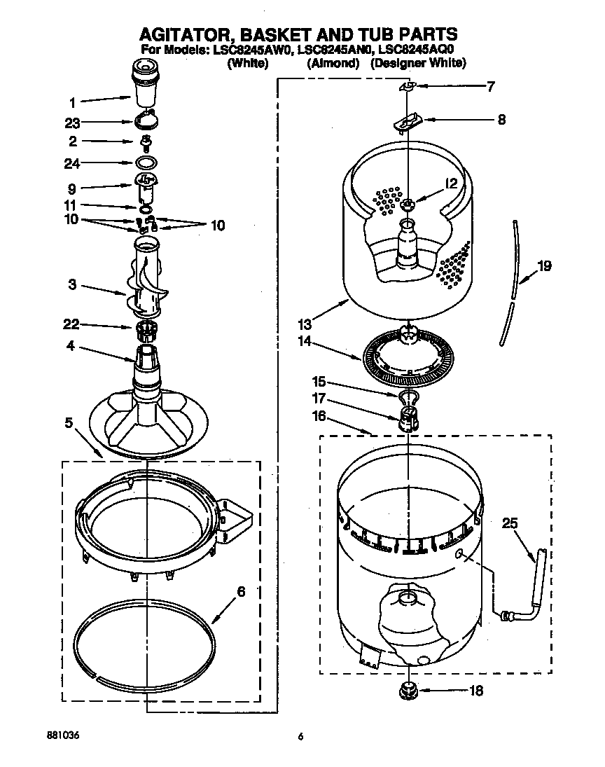 Whirlpool LSC8245AW0 agitator, basket and tub diagram