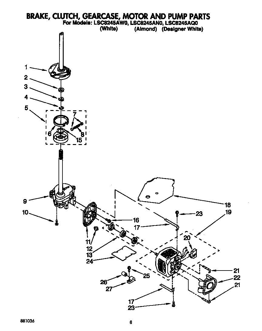 Whirlpool LSC8245AW0 brake, clutch, gearcase, motor and pump diagram