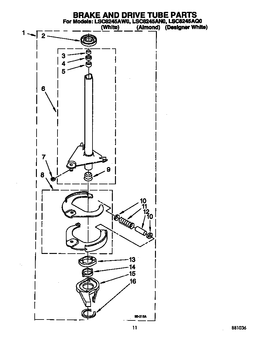 Whirlpool LSC8245AW0 brake and drive tube diagram