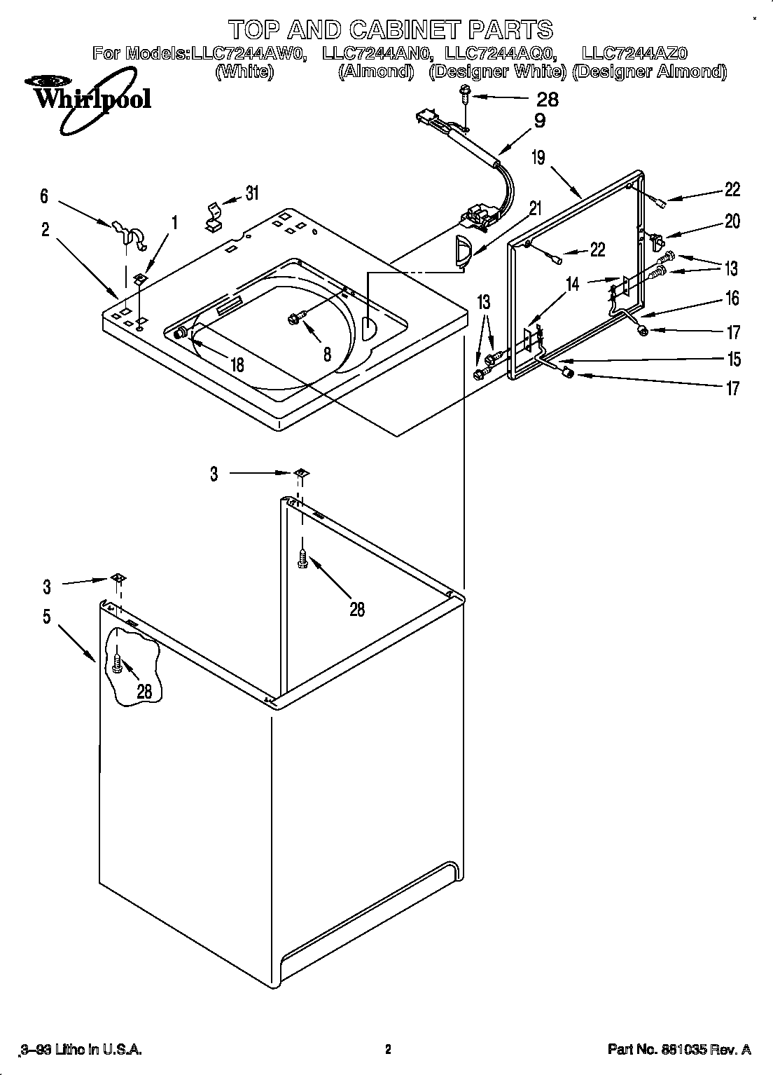 Whirlpool LLC7244AW0 top and cabinet diagram