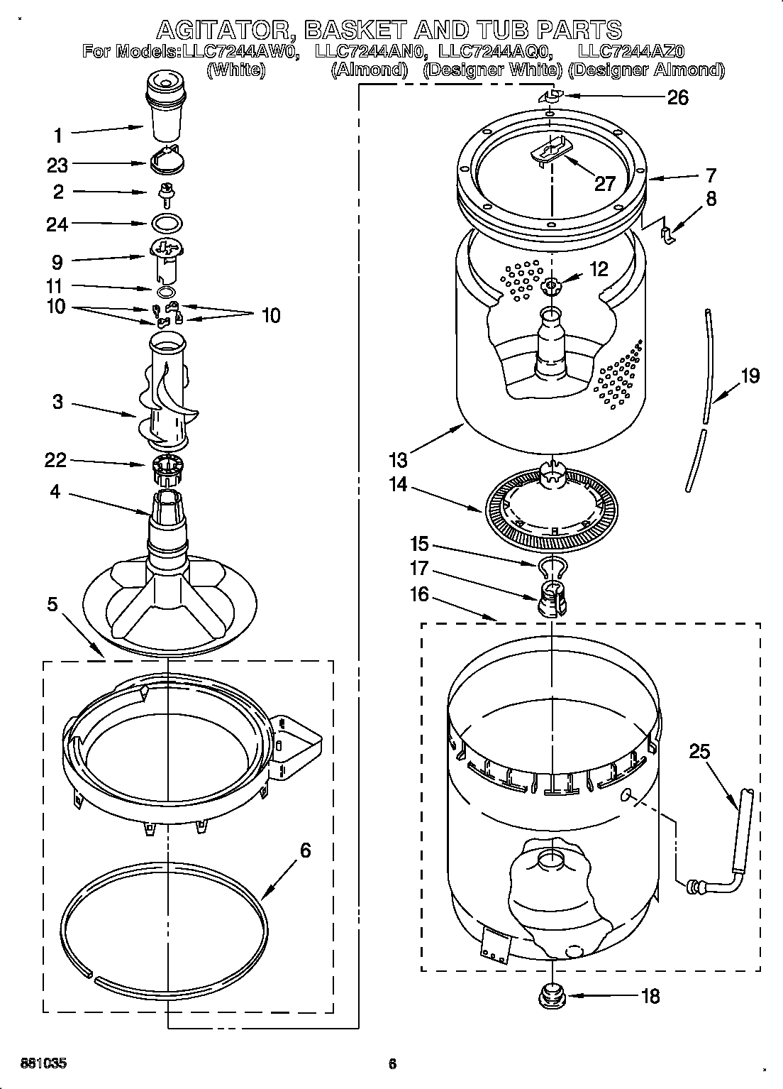 Whirlpool LLC7244AW0 agitator, basket and tub diagram