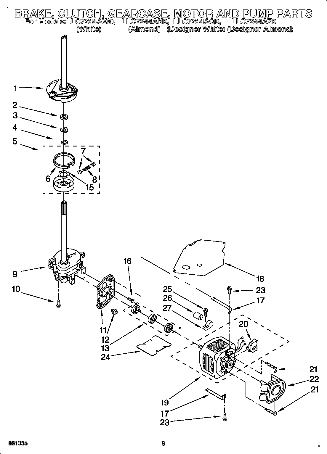Whirlpool LLC7244AW0 brake, clutch, gearcase, motor and pump diagram