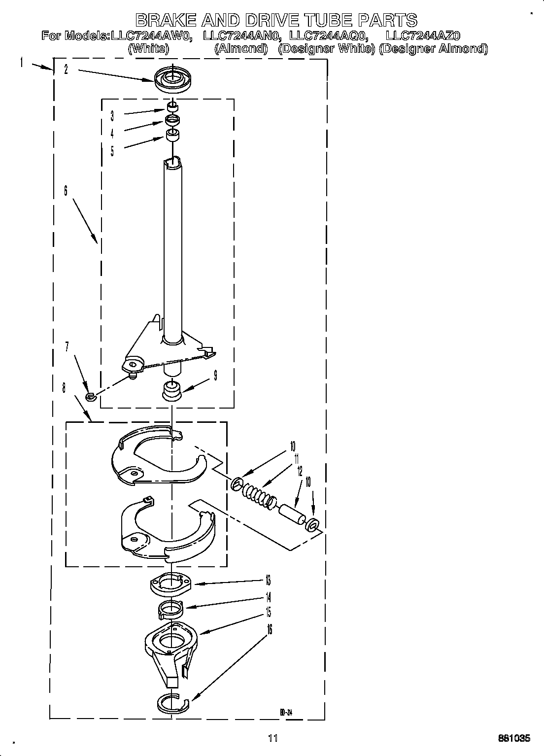 Whirlpool LLC7244AW0 brake and drive tube diagram