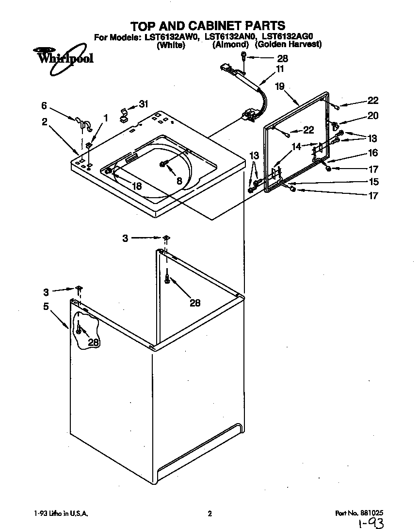 Whirlpool LST6132AW0 top and cabinet diagram