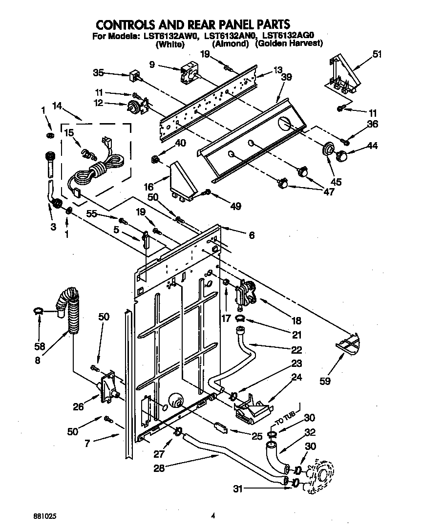Whirlpool LST6132AW0 controls and rear panel diagram