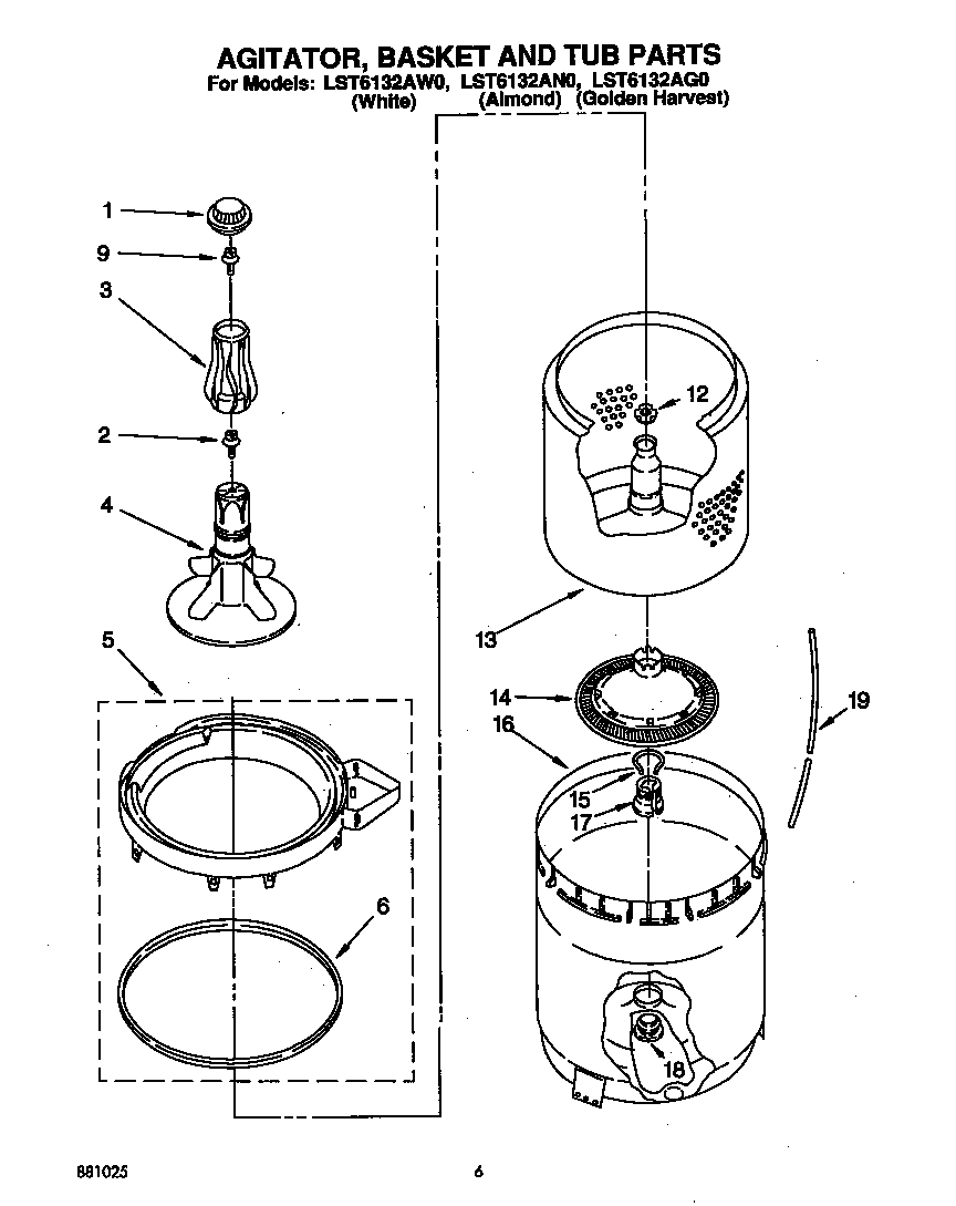 Whirlpool LST6132AW0 agitator, basket and tub diagram
