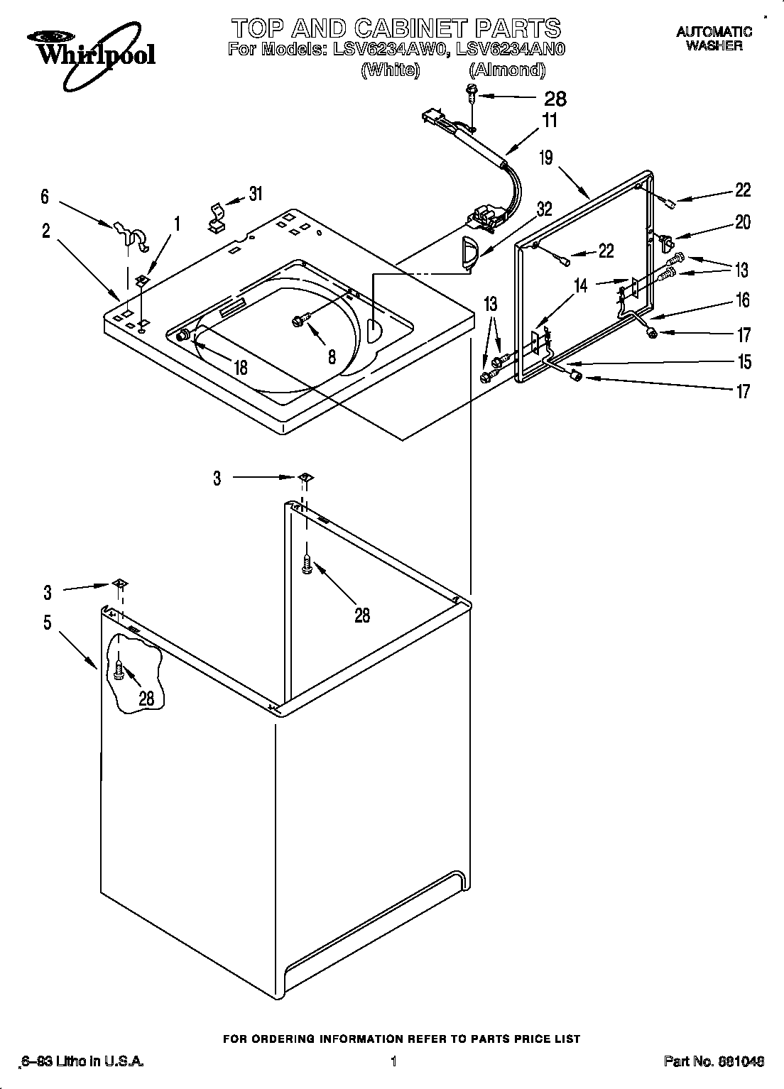 Whirlpool LSV6234AW0 top and cabinet diagram