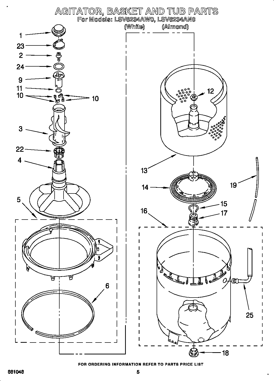 Whirlpool LSV6234AW0 agitator, basket and tub diagram