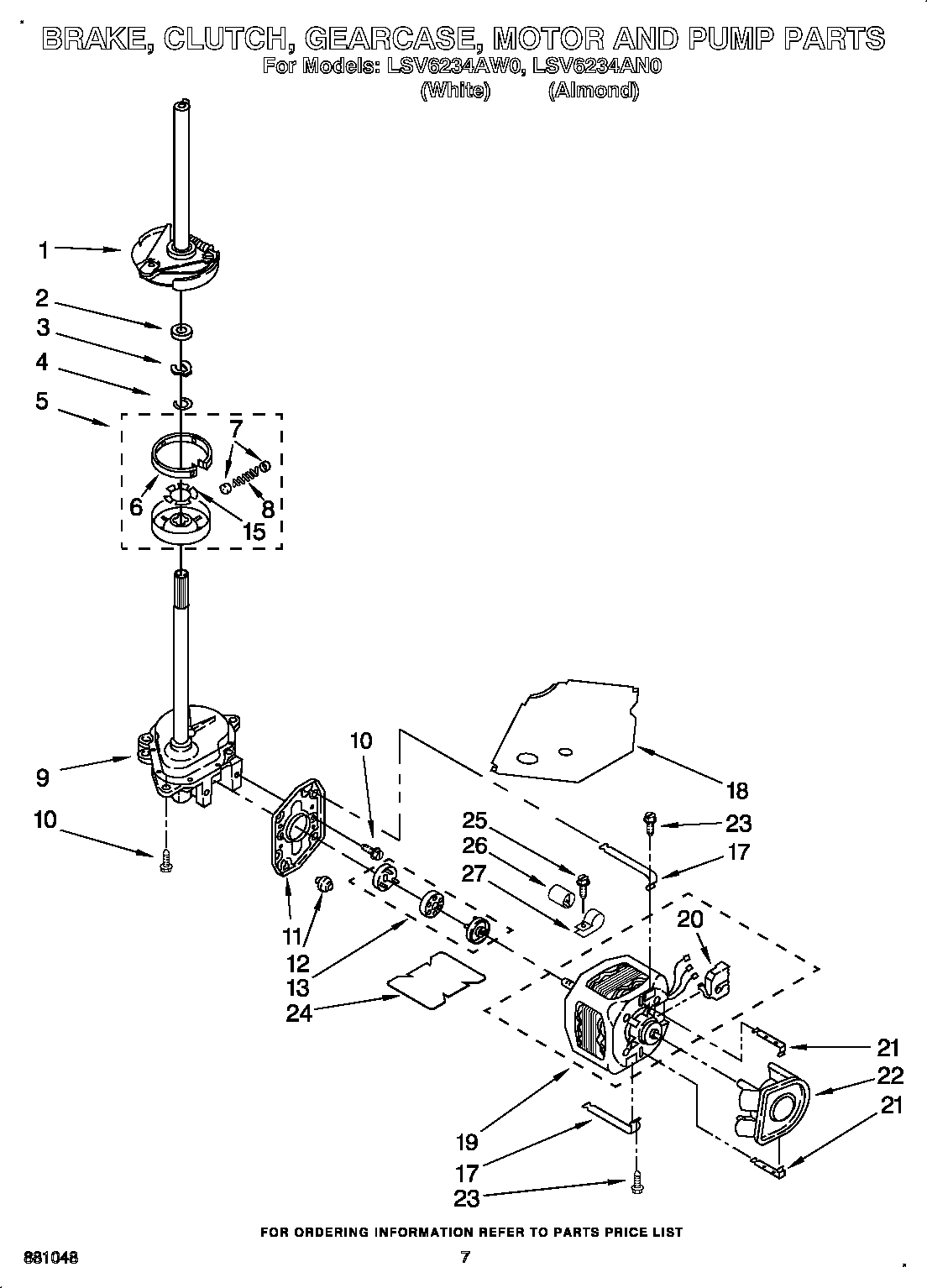 Whirlpool LSV6234AW0 brake, clutch, gearcase, motor and pump diagram