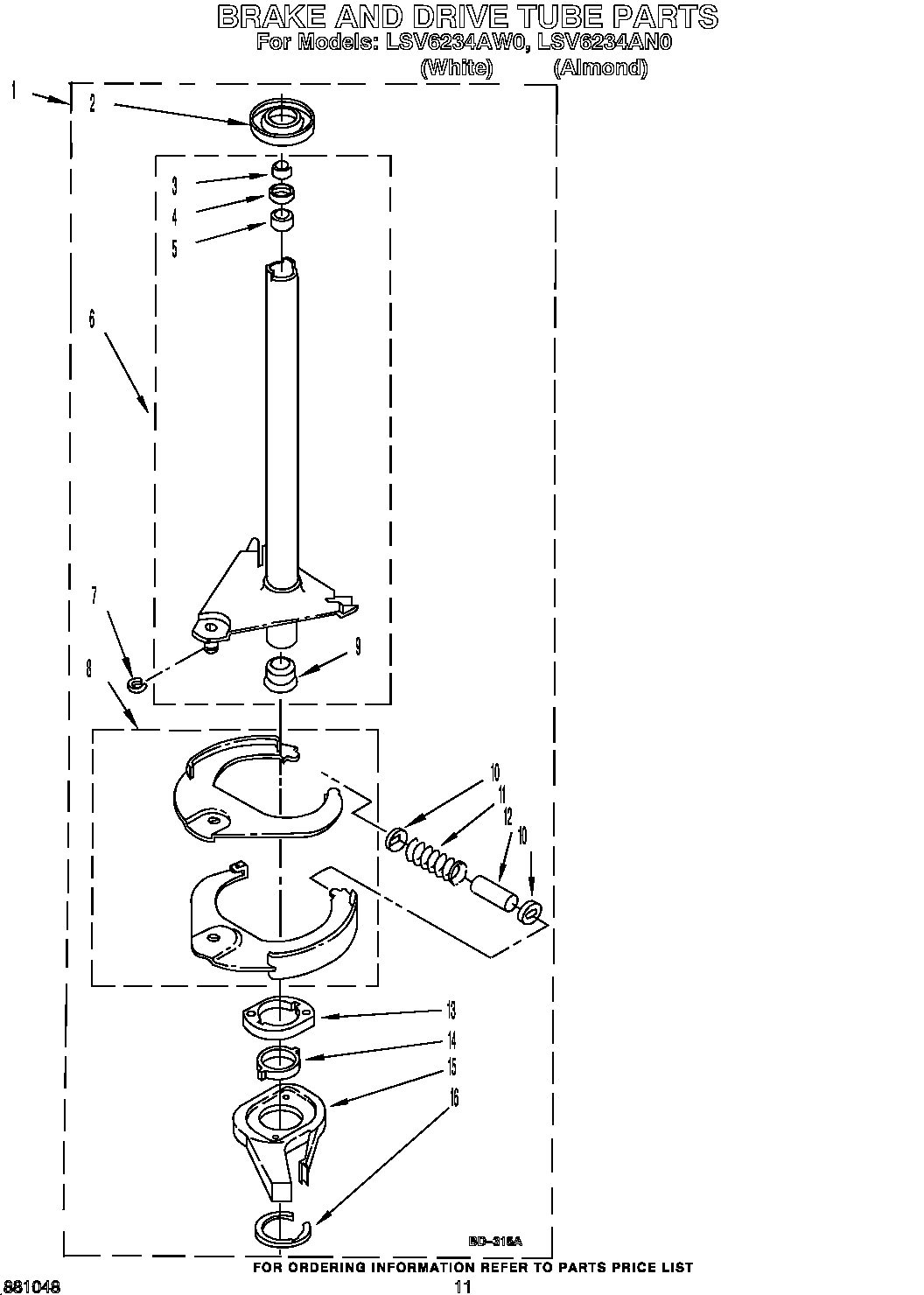 Whirlpool LSV6234AW0 brake and drive tube diagram