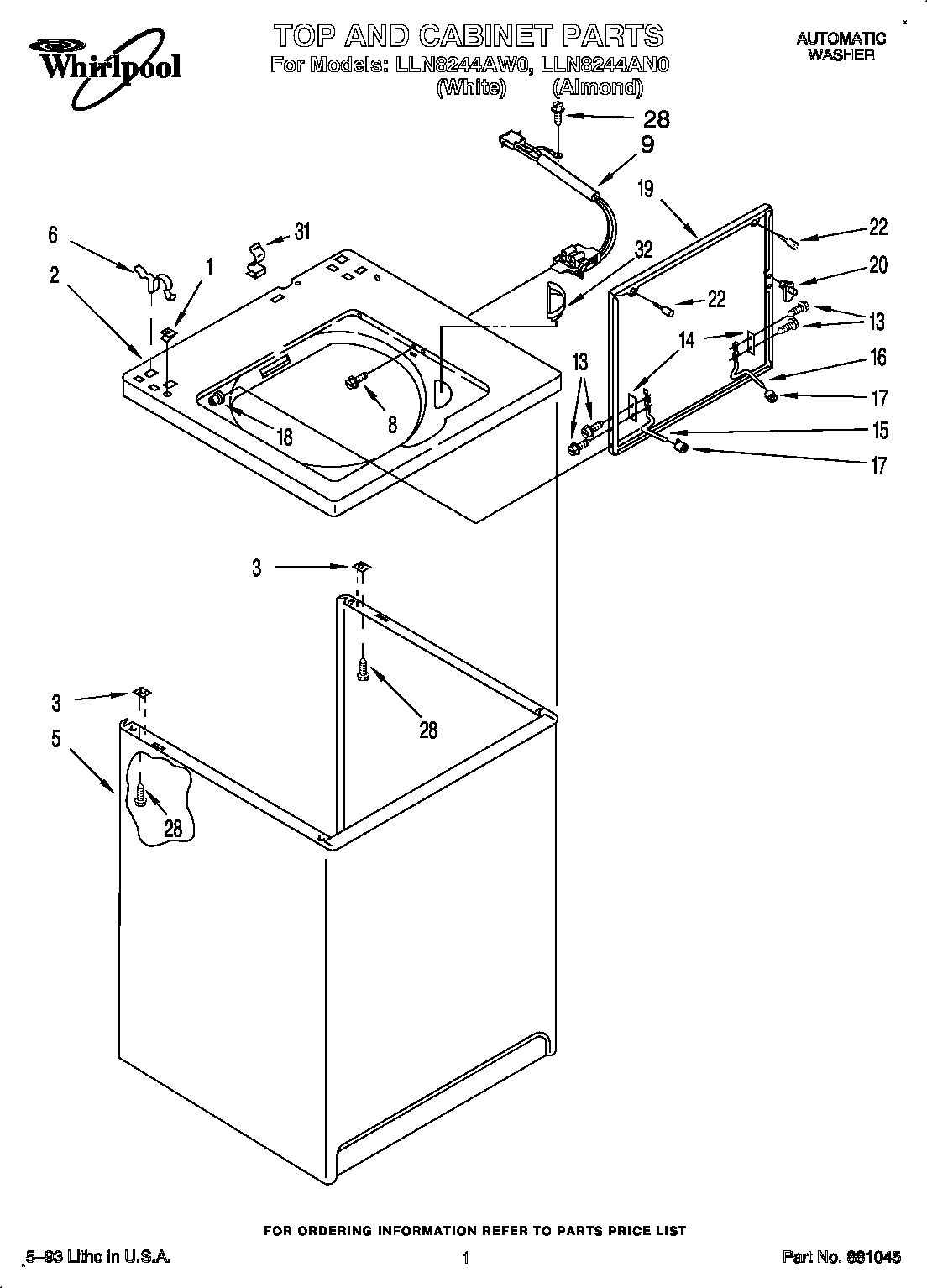 Whirlpool LLN8244AW0 top and cabinet diagram