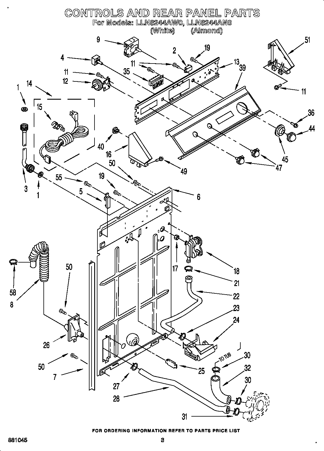 Whirlpool LLN8244AW0 controls and rear panel diagram