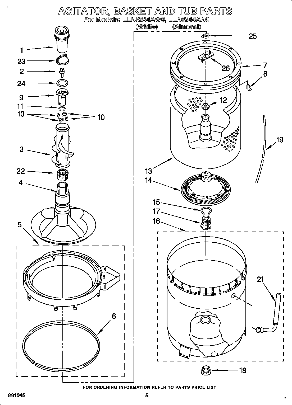 Whirlpool LLN8244AW0 agitator, basket and tub diagram
