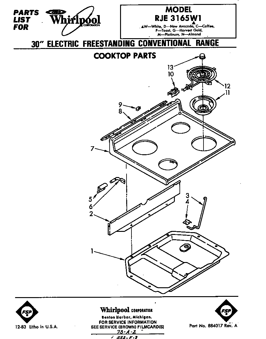Whirlpool RJE3165W1 cook top diagram