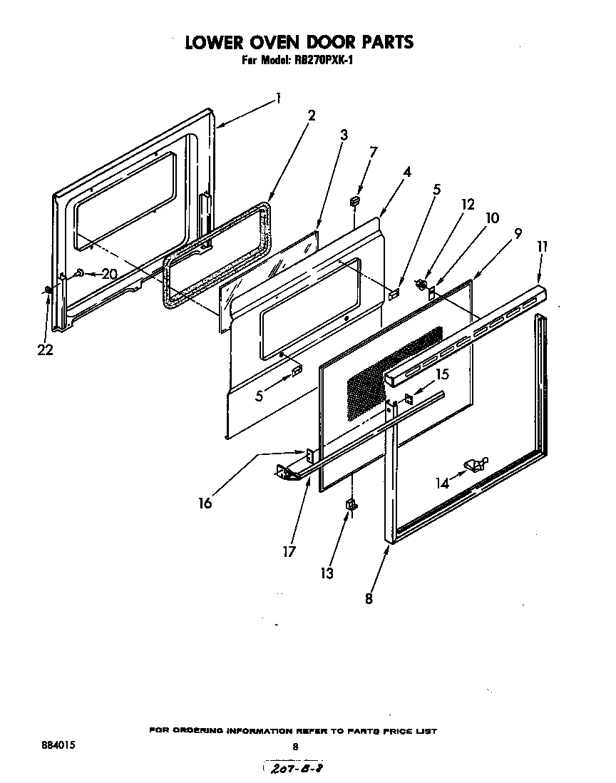 Whirlpool RB270PXK1 lower oven door diagram