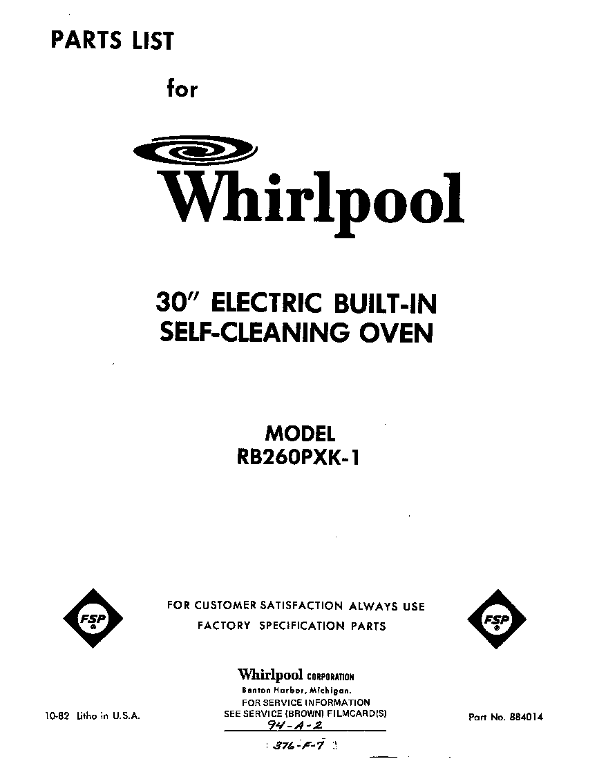 Whirlpool RB260PXK1 cover page diagram