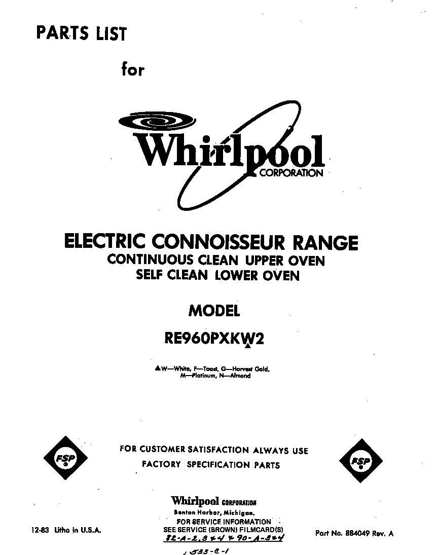 Whirlpool RE960PXKW2 front cover diagram