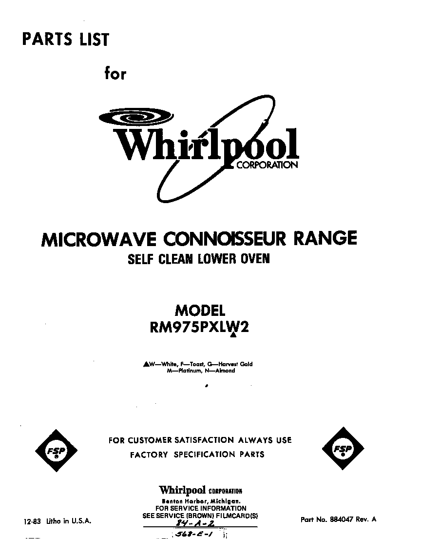 Whirlpool RM975PXLW2 front cover diagram