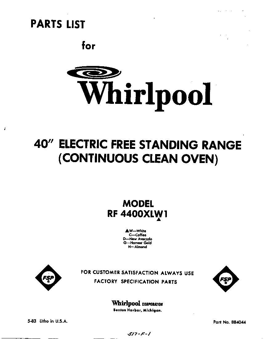 Whirlpool RF4400XLW1 front cover diagram