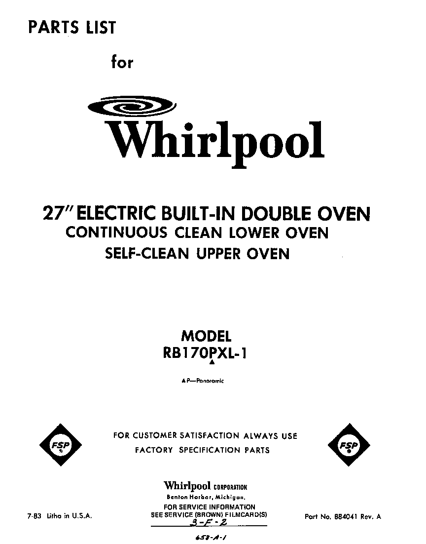 Whirlpool RB170PXL1 front cover diagram