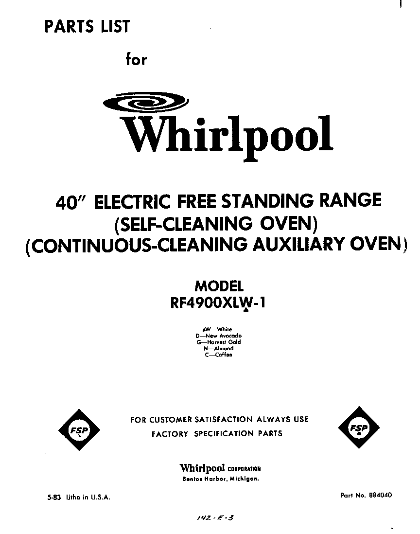 Whirlpool RF4900XLW1 front cover diagram