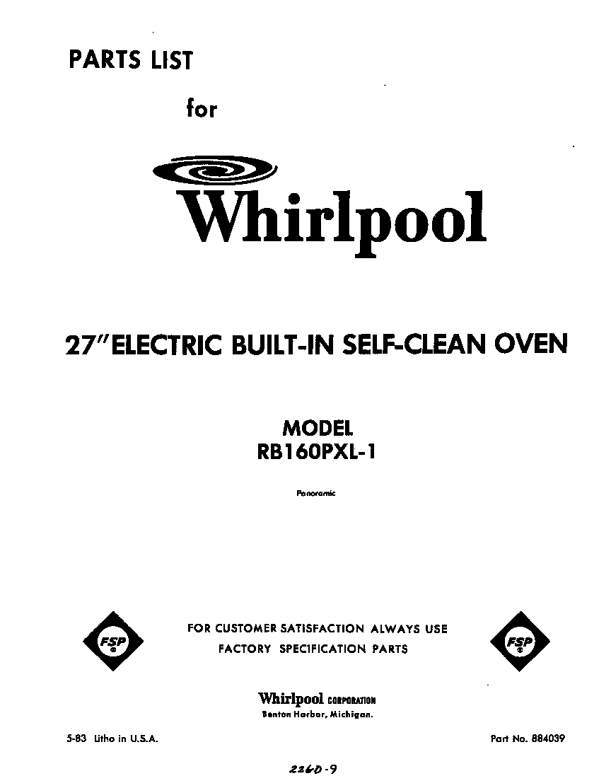 Whirlpool RB160PXL1 cover page diagram